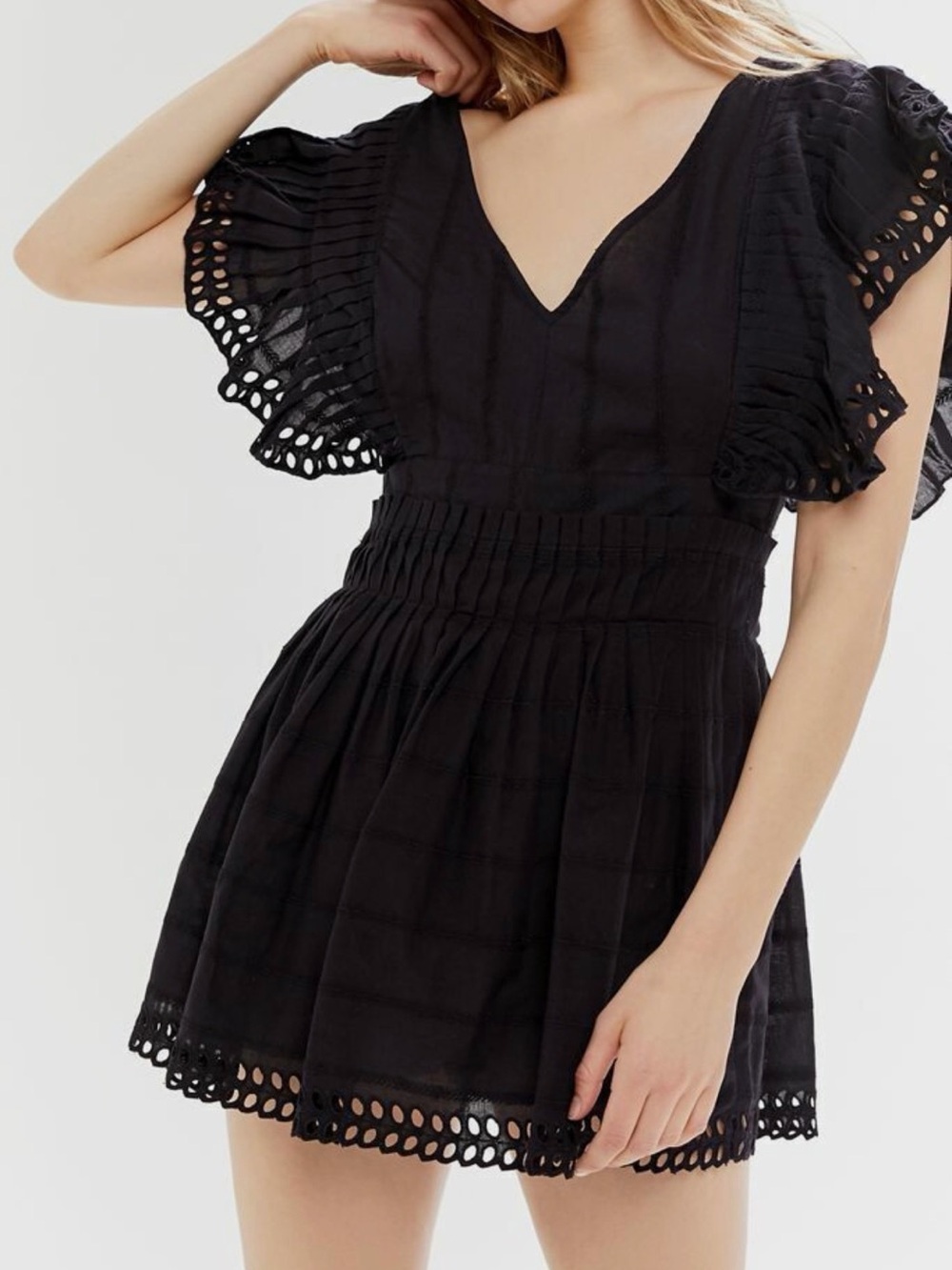 UO Black Eyelet Flutter-Sleeve Romper Dress